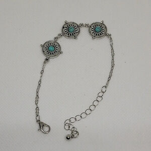 Western Silver Tone Turquoise Faux 6" + 2" Extension Bracelet Ankle or Bracelet